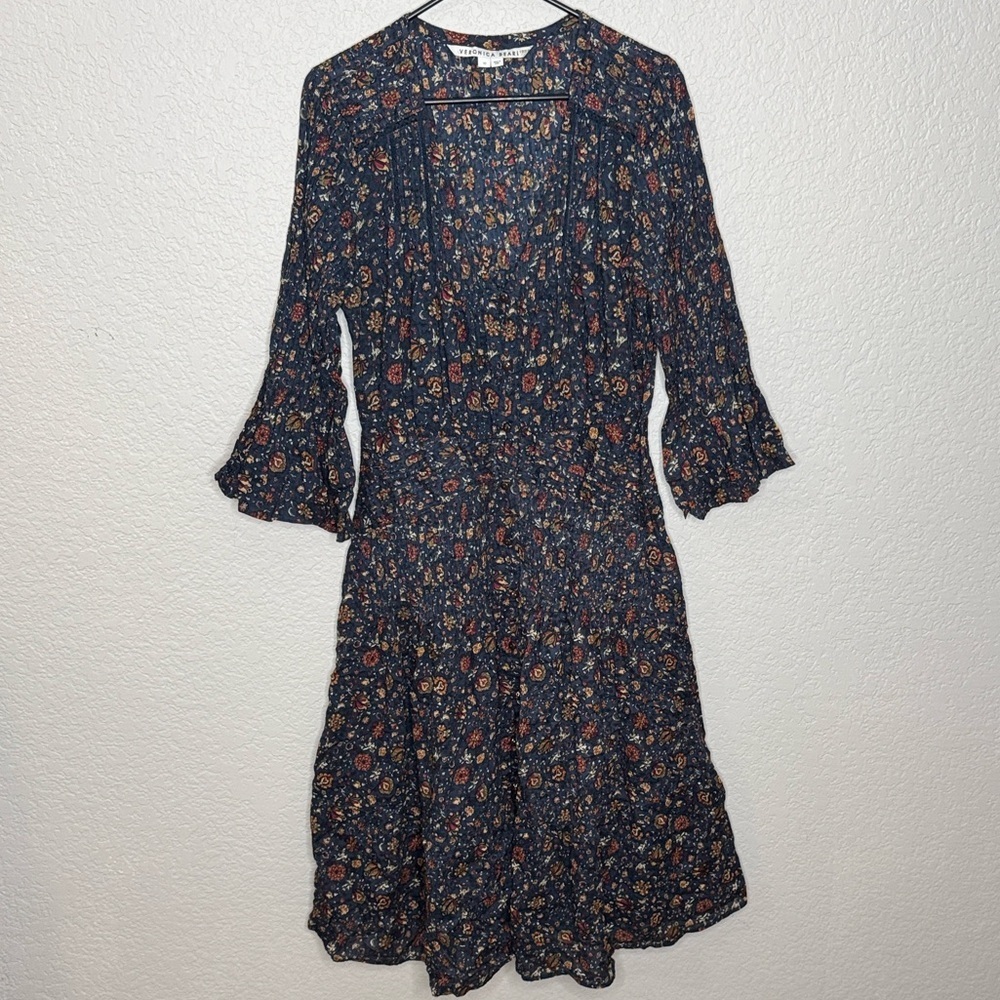 Veronica Beard Shireen Dress Ink Multi Vine Floral Long Sleeve Cotton Midi - Picture 4 of 16